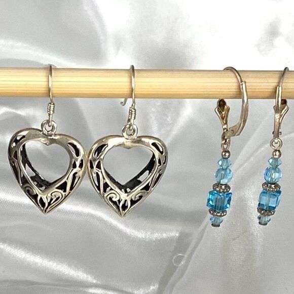 AFI# 2 For 1 Sterling 925 Silver Heart & Crystal Dangles - Picture 1 of 8